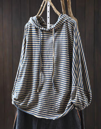 Vintage blue striped pullover hoodie for women hanging display
