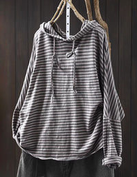 Vintage gray striped pullover hoodie for women hanging display