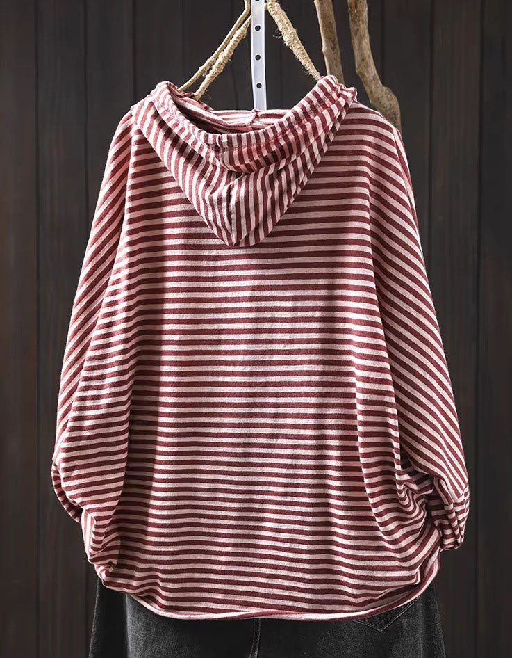 Vintage pink striped pullover hoodie for women hanging display back view