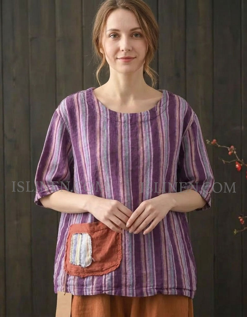 Purple Striped Loose Blouse with Patch Pocket for Women