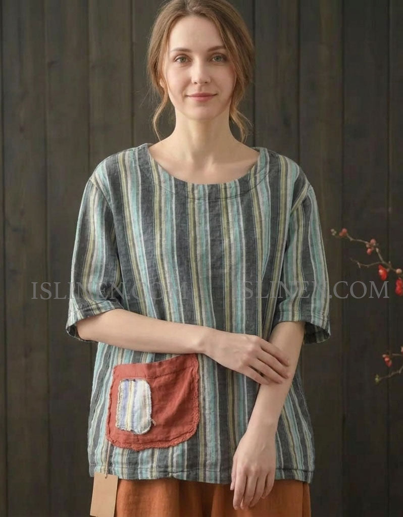 Relaxed Fit Striped Blouse with Patch Pocket for Summer