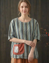 Relaxed Fit Striped Blouse with Patch Pocket for Summer