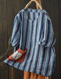 Women’s Vintage Style Striped Cotton Blouse with Pocket