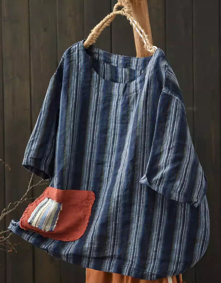 Lightweight Blue Stripe Shirt with Front Pocket for Women