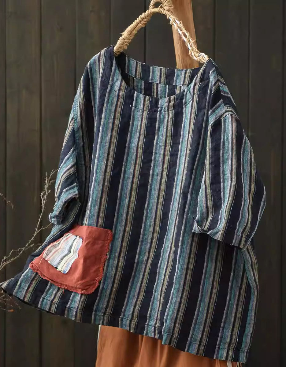 Boho Casual Loose Blouse with Stripes & Pocket Detail