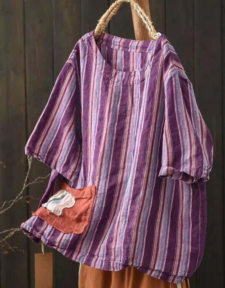 Casual Loose Fit Purple Blouse with Short Sleeves