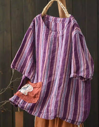 Casual Loose Fit Purple Blouse with Short Sleeves