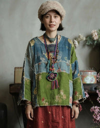 Women Vintage Patchwork Cotton Blouse Loose Fit