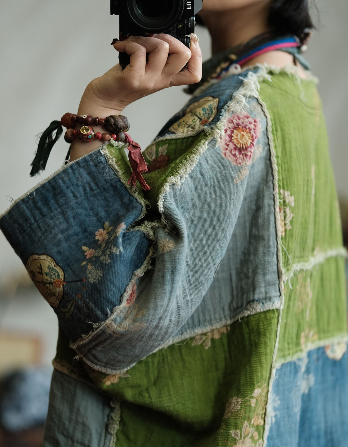 Women vintage patchwork cotton blouse loose fit front view