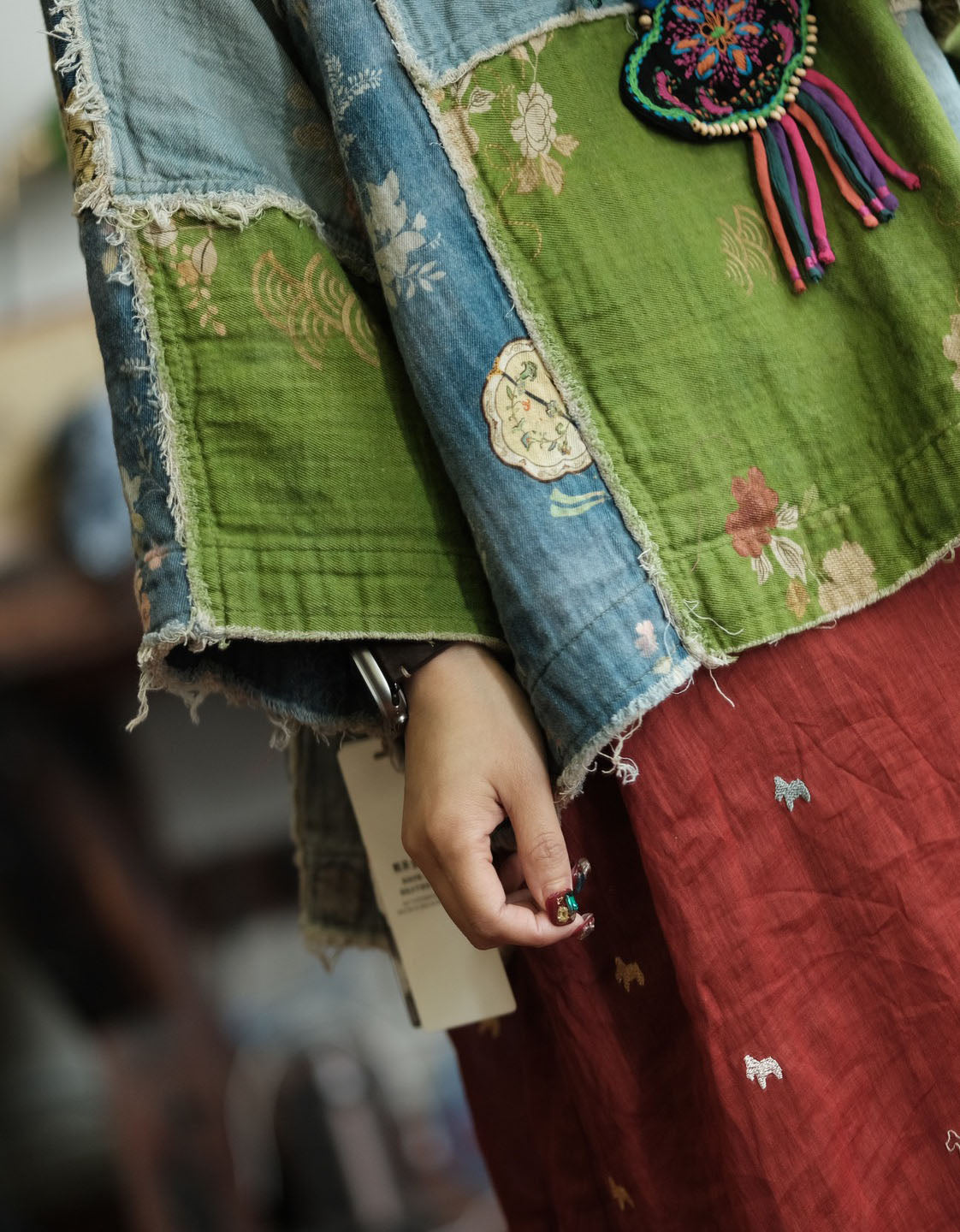 Women artistic patchwork cotton blouse wide sleeve