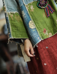 Women artistic patchwork cotton blouse wide sleeve