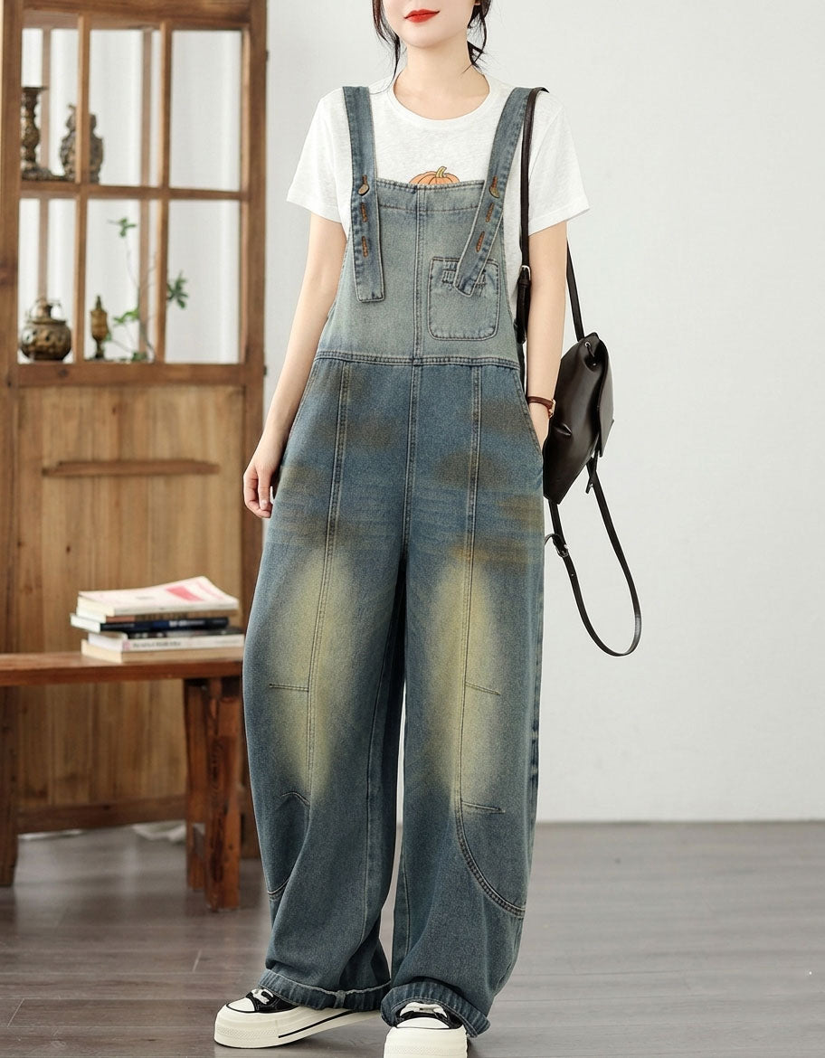 Vintage Denim Overalls for Women – Loose Fit Wide Leg Jumpsuit