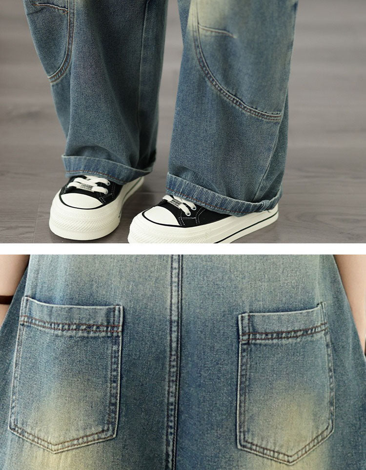 Vintage washed denim overalls wide leg jumpsuit front view with white t-shirt