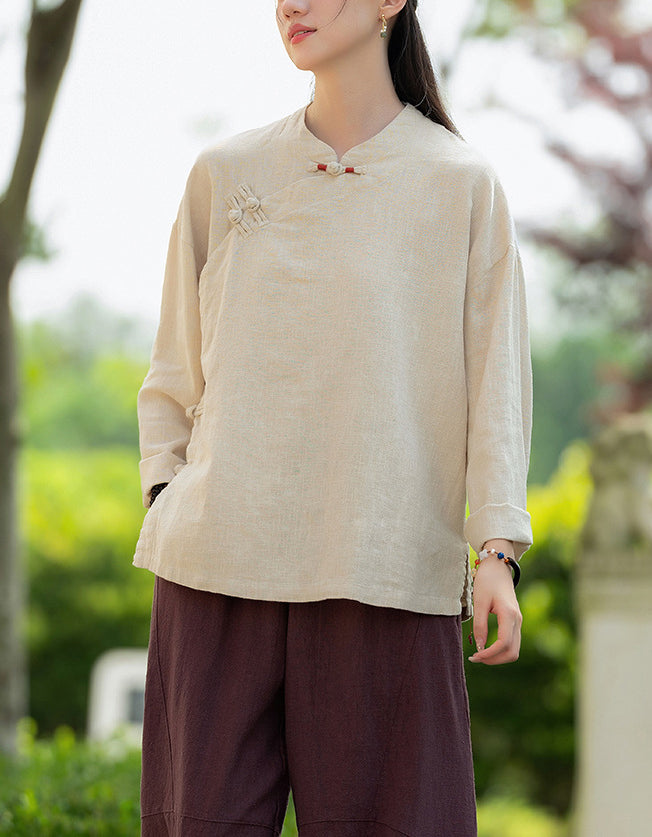 Retro Style Long Sleeve Ramie Linen Blouse