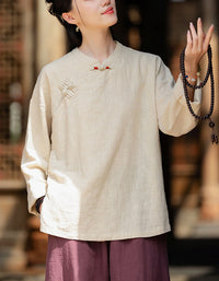 Retro Style Long Sleeve Ramie Linen Blouse
