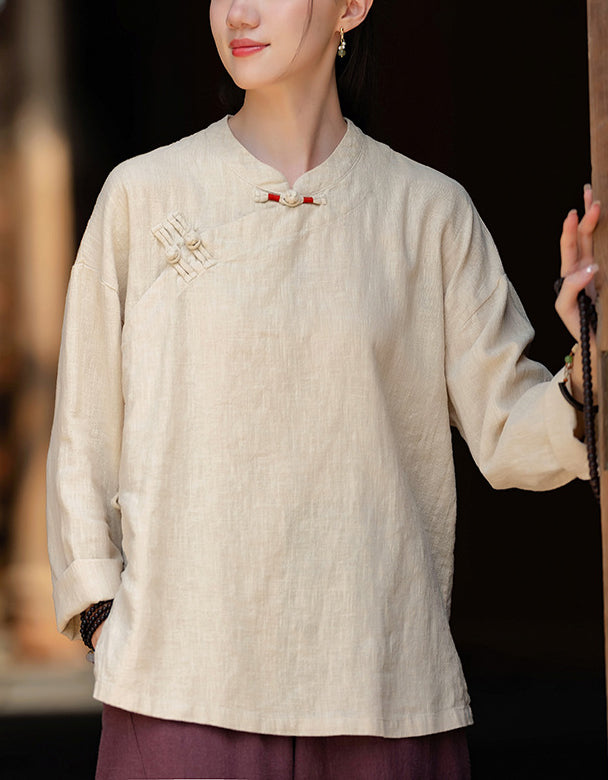Retro Style Long Sleeve Ramie Linen Blouse