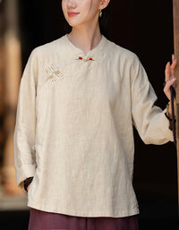 Retro Style Long Sleeve Ramie Linen Blouse
