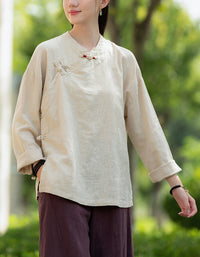Retro Style Long Sleeve Ramie Linen Blouse