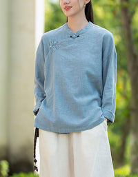 Retro Style Long Sleeve Ramie Linen Blouse