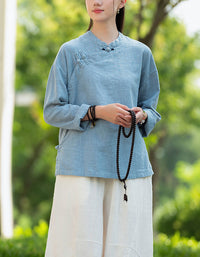 Retro Style Long Sleeve Ramie Linen Blouse