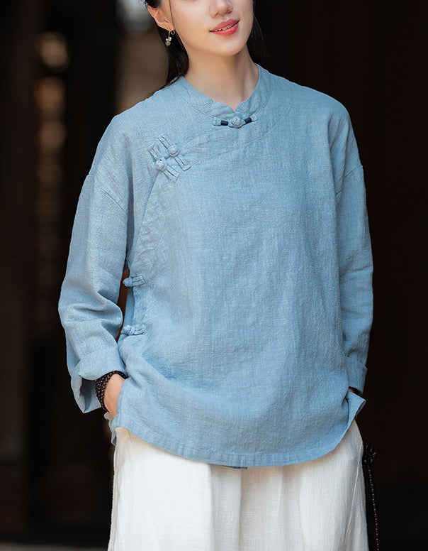 Retro Style Long Sleeve Ramie Linen Blouse