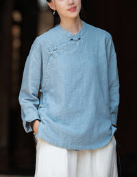 Retro Style Long Sleeve Ramie Linen Blouse