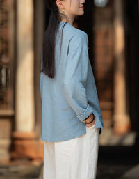 Retro Style Long Sleeve Ramie Linen Blouse