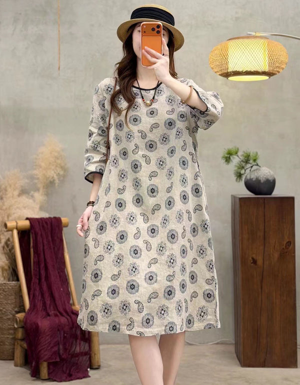 Vintage Linen Printed Midi Dress for Women Casual