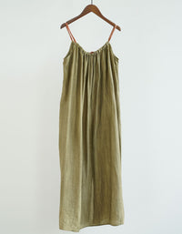 ISLinen 100% Linen Wrinkled Summer Suspender Long Skirt