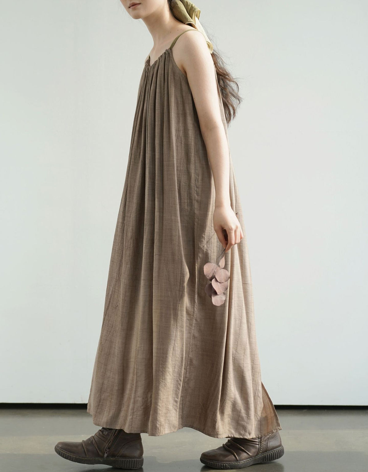 ISLinen 100% Linen Wrinkled Summer Suspender Long Skirt