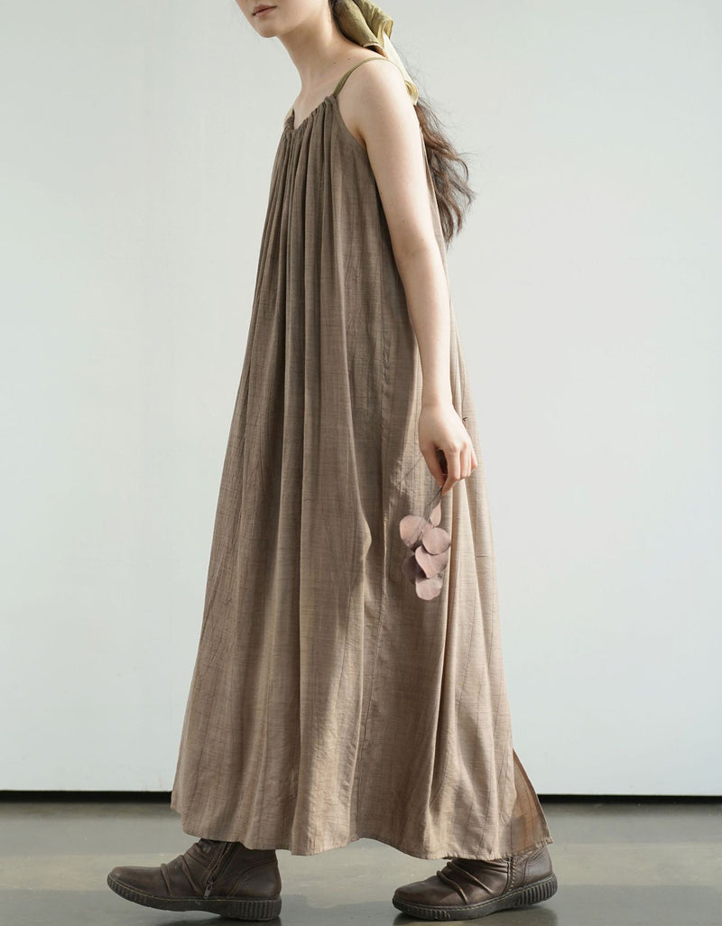 ISLinen 100% Linen Wrinkled Summer Suspender Long Skirt