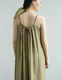ISLinen 100% Linen Wrinkled Summer Suspender Long Skirt