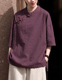 Loose-Fit Mandarin Collar Ramie Linen T-Shirt
