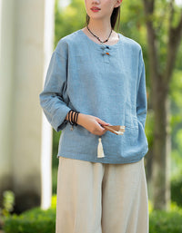 Casual Natural Long Sleeve Ramie Linen Blouse