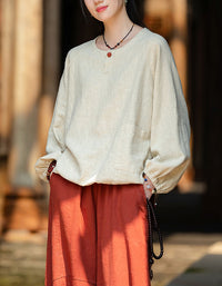 Relaxed Fit Elegant Buttoned Ramie Linen Blouse