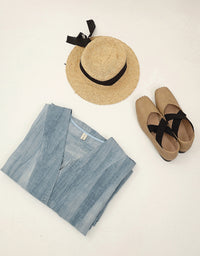 Vintage Relaxed Fit Summer V-Neck Linen Midi Dress