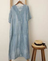 Vintage Relaxed Fit Summer V-Neck Linen Midi Dress