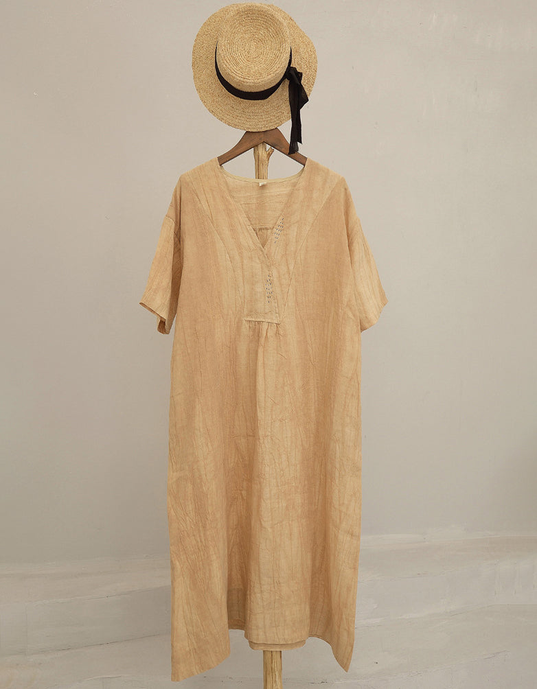 Vintage Relaxed Fit Summer V-Neck Linen Midi Dress