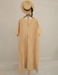 Vintage Relaxed Fit Summer V-Neck Linen Midi Dress