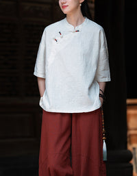 Loose-Fit Mandarin Collar Ramie Linen T-Shirt