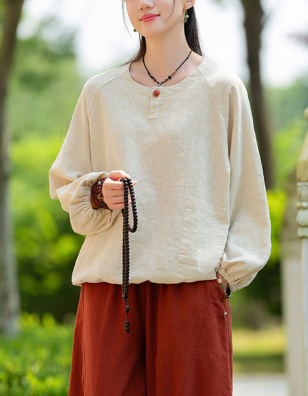 Relaxed Fit Elegant Buttoned Ramie Linen Blouse