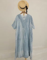 Vintage Relaxed Fit Summer V-Neck Linen Midi Dress