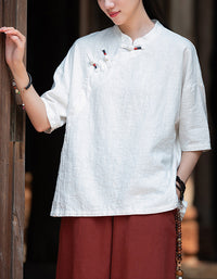 Loose-Fit Mandarin Collar Ramie Linen T-Shirt