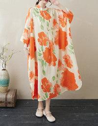 Orange Flower Mandarin Collar Large Size Floral Dress