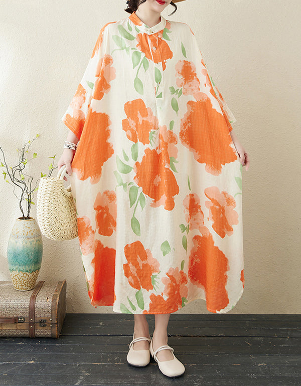 Orange Flower Mandarin Collar Large Size Floral Dress