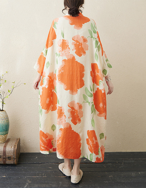 Orange Flower Mandarin Collar Large Size Floral Dress