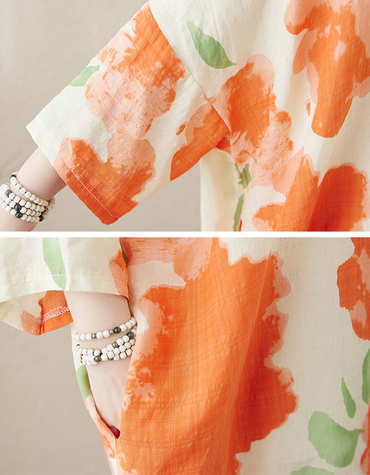 Orange Flower Mandarin Collar Large Size Floral Dress