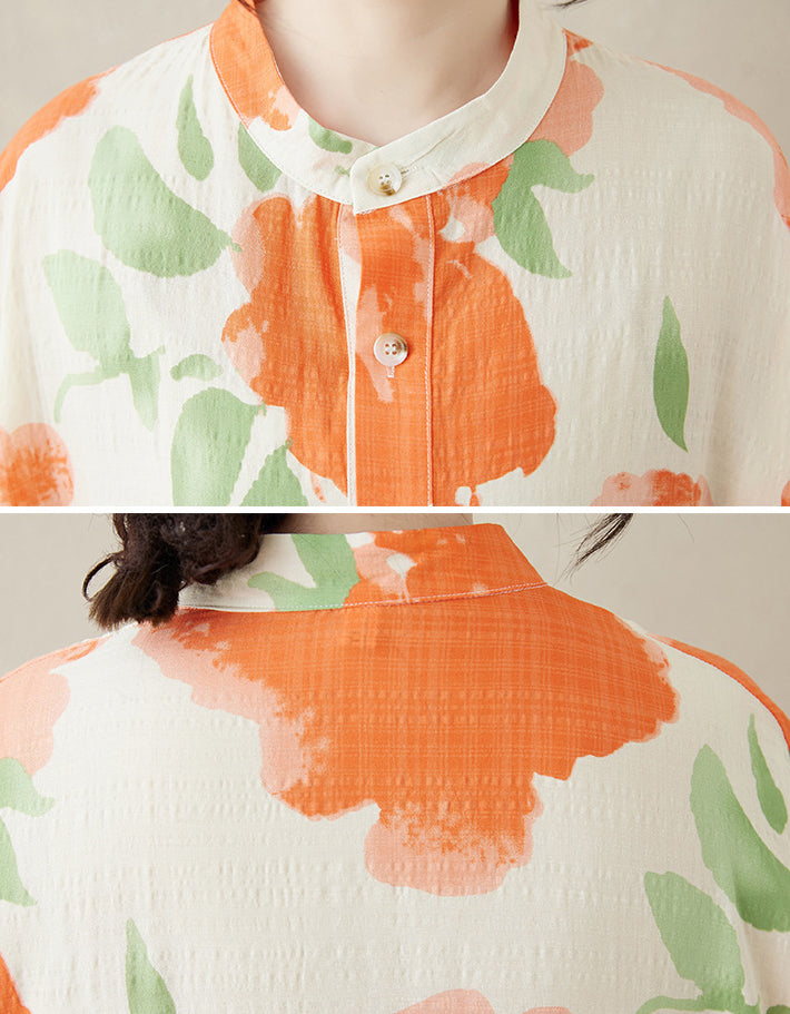 Orange Flower Mandarin Collar Large Size Floral Dress
