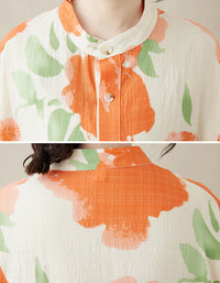 Orange Flower Mandarin Collar Large Size Floral Dress