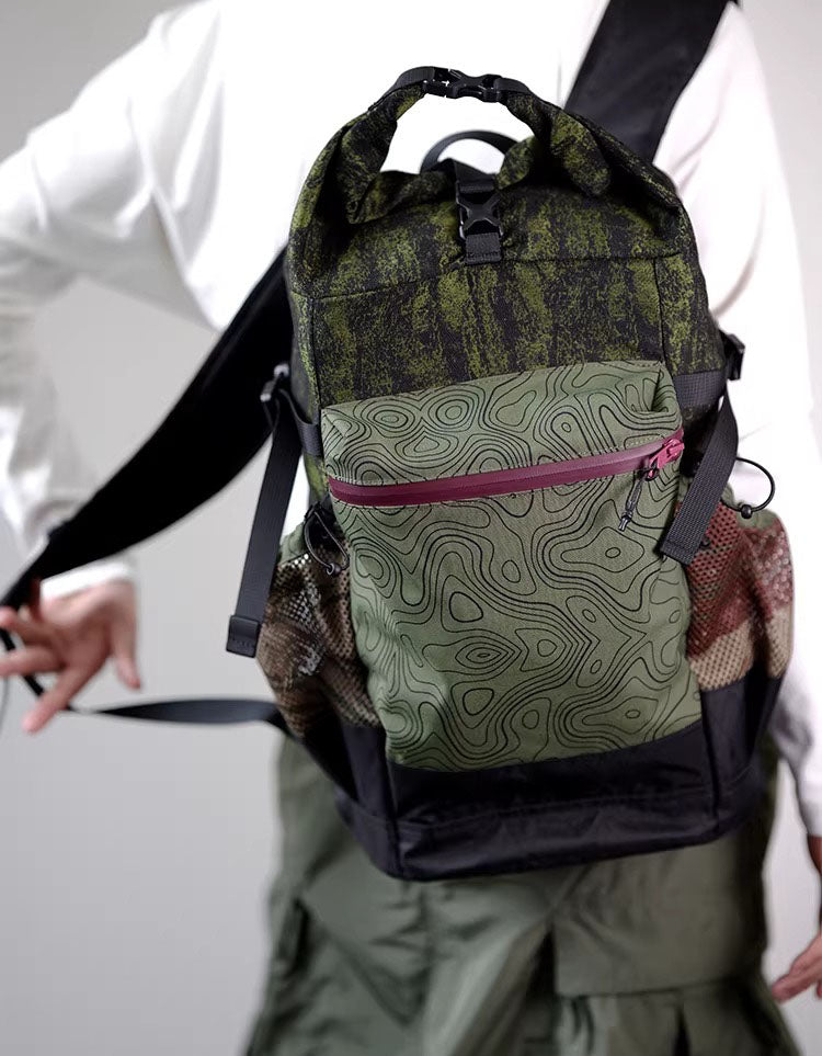 Green Roll Top Backpack with Front Zip Pocket